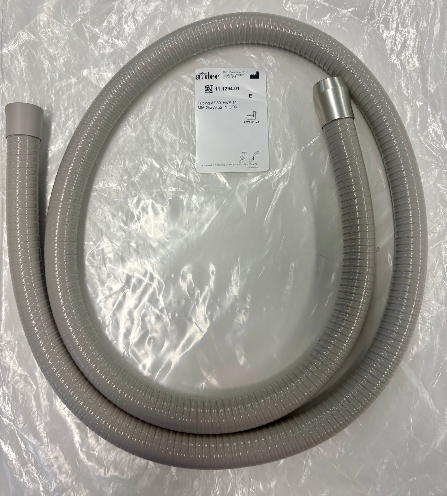 A-dec 300/400/500 HVE Tubing 15mm HVE w/Tailpiece and 11mm top with metal reducer, Suction, Grey, Ribbed, 1.3m (52") - 11-1294-01