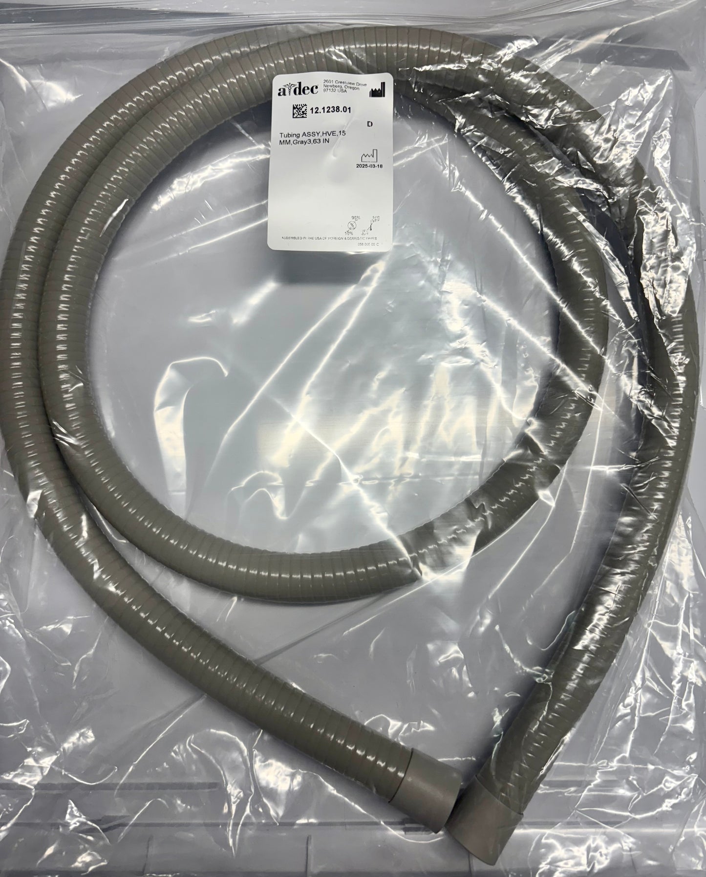 A-dec 300/400/500 HVE Tubing 15mm w/Tailpieces, Suction, Grey, Ribbed, 1.6m (62") - 12-1238-01