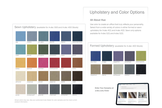 A-dec 421 Doctor's Stool. White Base, with Seat & Backrest Upholstery (colour options available) - 421/UPH*