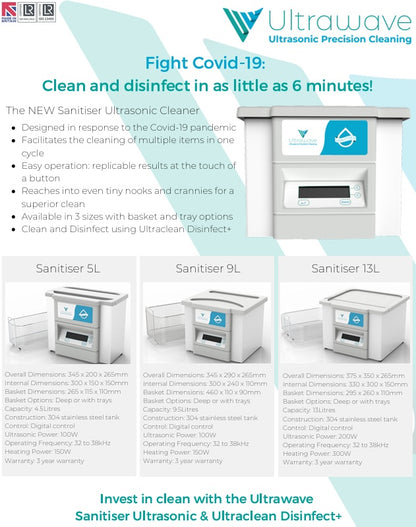Equipment Special 15% Off RRP - Ultrawave Sanitiser Ultrasonic Cleaner (Options 5L, 9L & 13L), 3 Year Warranty
