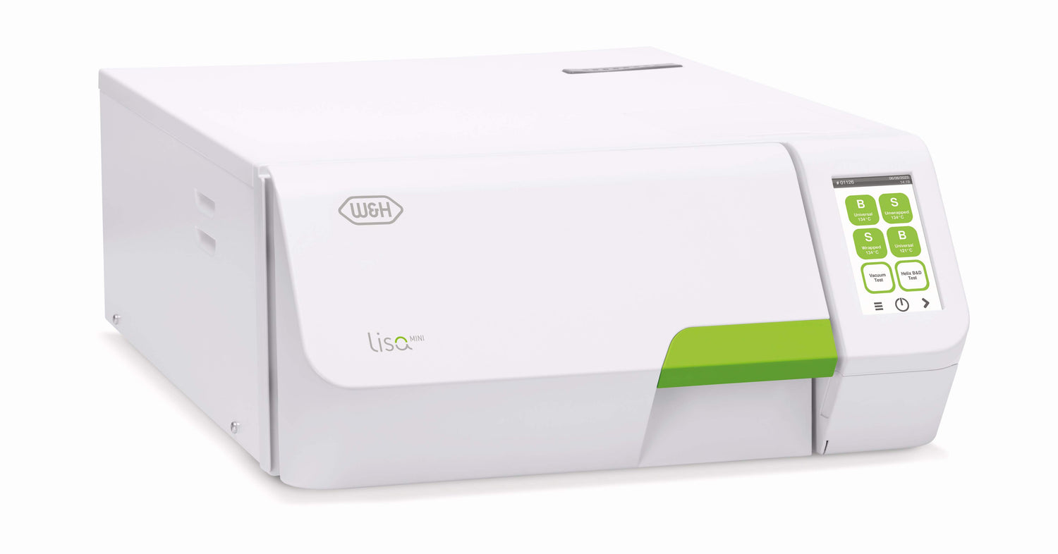 W&H Lisa Mini RIS-305 220V IoD ST, a white and green medical sterilizer with a digital display and control buttons