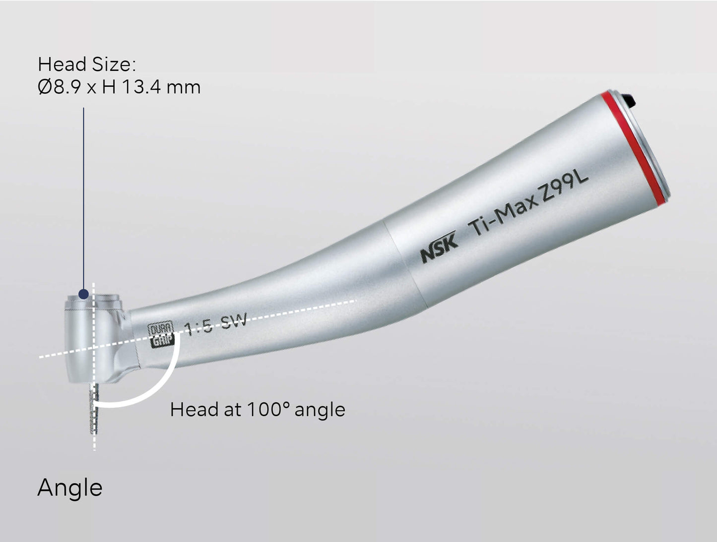 NSK Ti-Max Z99L Titanium Contra-Angle Handpiece 1:5 - Optic - E-Type - Quattro Spray, 100 Degree contra angle - NSK-C1314